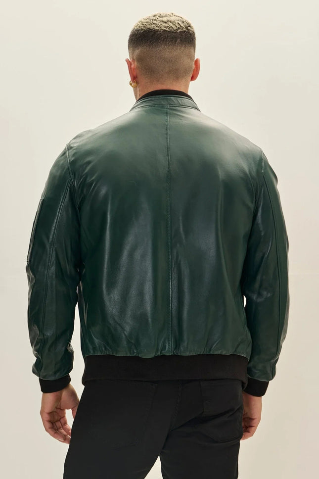 Men's Lambskin Leather Bomber Jacket - Green | Ron Tomson