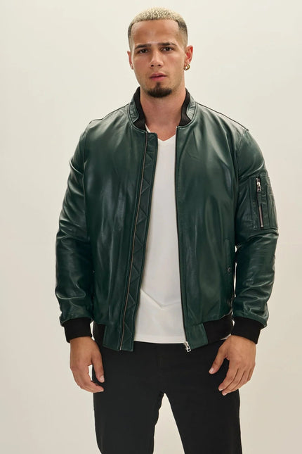 Men's Lambskin Leather Bomber Jacket - Green | Ron Tomson