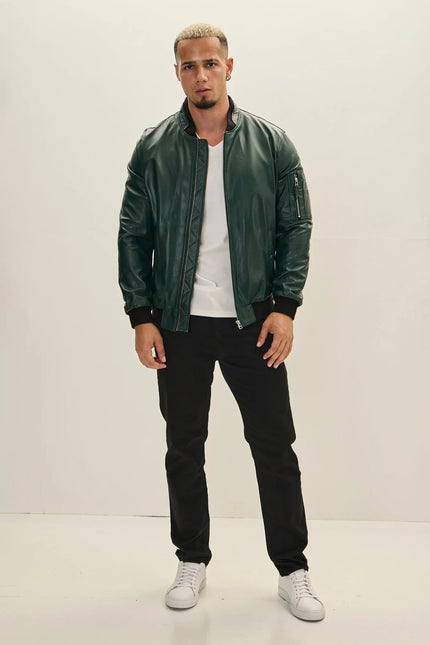 Men's Lambskin Leather Bomber Jacket - Green | Ron Tomson