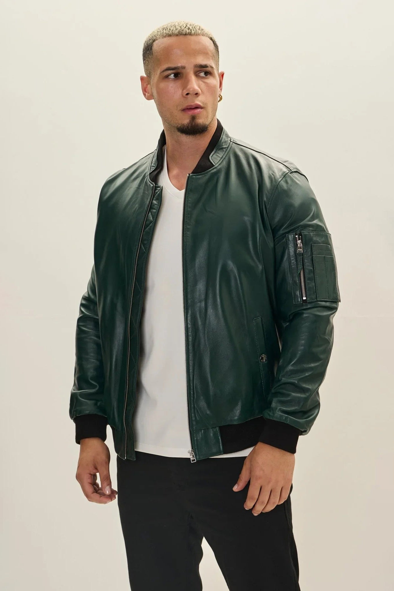 Men's Lambskin Leather Bomber Jacket - Green | Ron Tomson