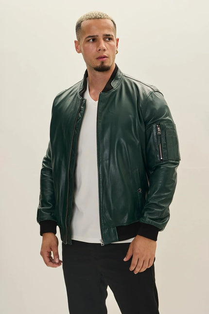 Men's Lambskin Leather Bomber Jacket - Green | Ron Tomson