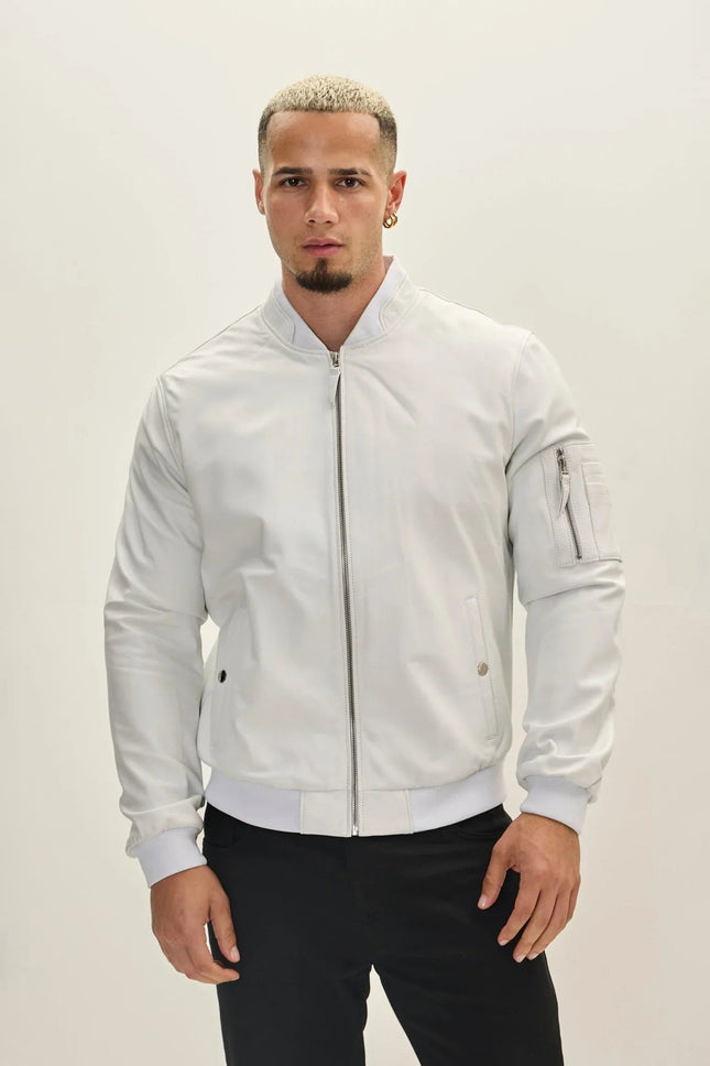 Men's Nappa Lambskin Bomber Jacket - White | Ron Tomson