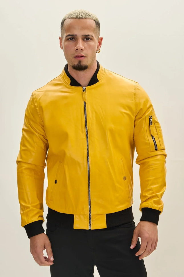 Men's Leather Bomber Jacket - Yellow | Ron Tomson