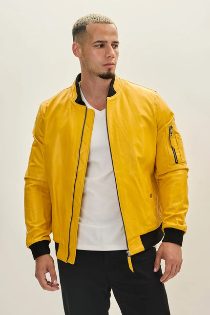 Men's Leather Bomber Jacket - Yellow | Ron Tomson