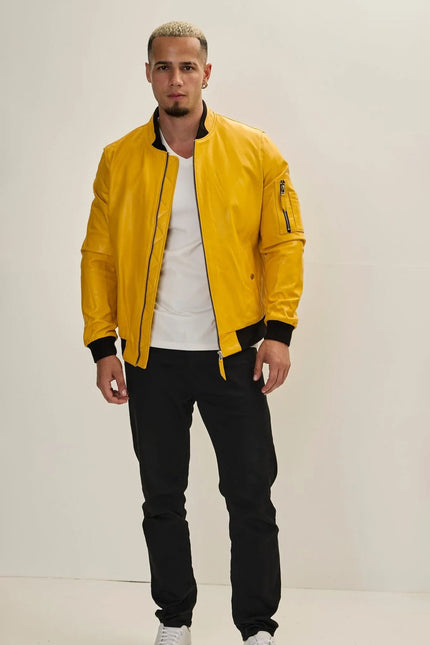 Men's Leather Bomber Jacket - Yellow | Ron Tomson