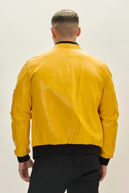 Men's Leather Bomber Jacket - Yellow | Ron Tomson