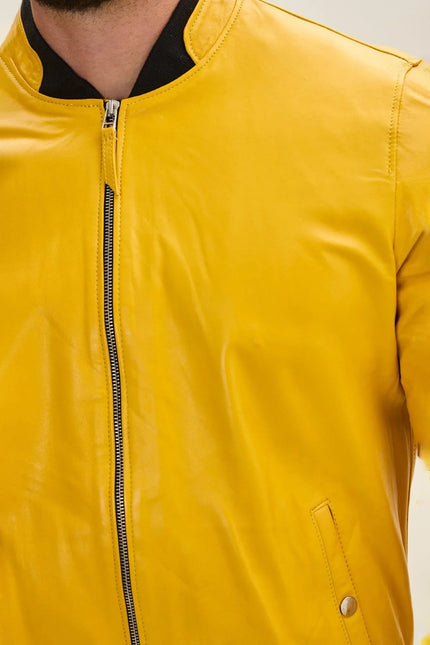 Men's Leather Bomber Jacket - Yellow | Ron Tomson