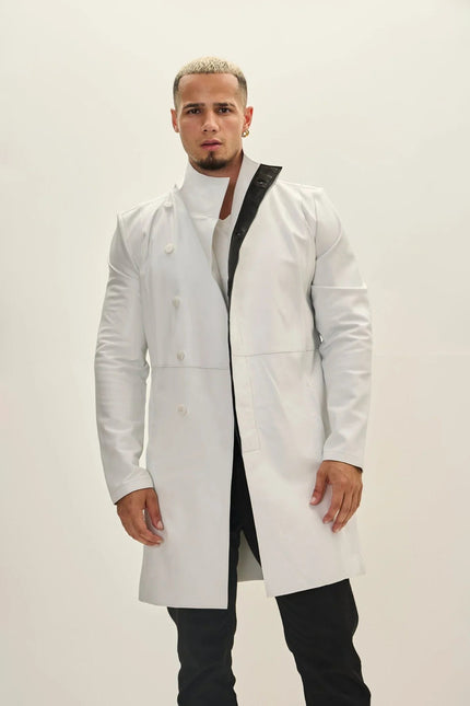 Men's Asymmetric Leather Trench Coat - White Black | Ron Tomson