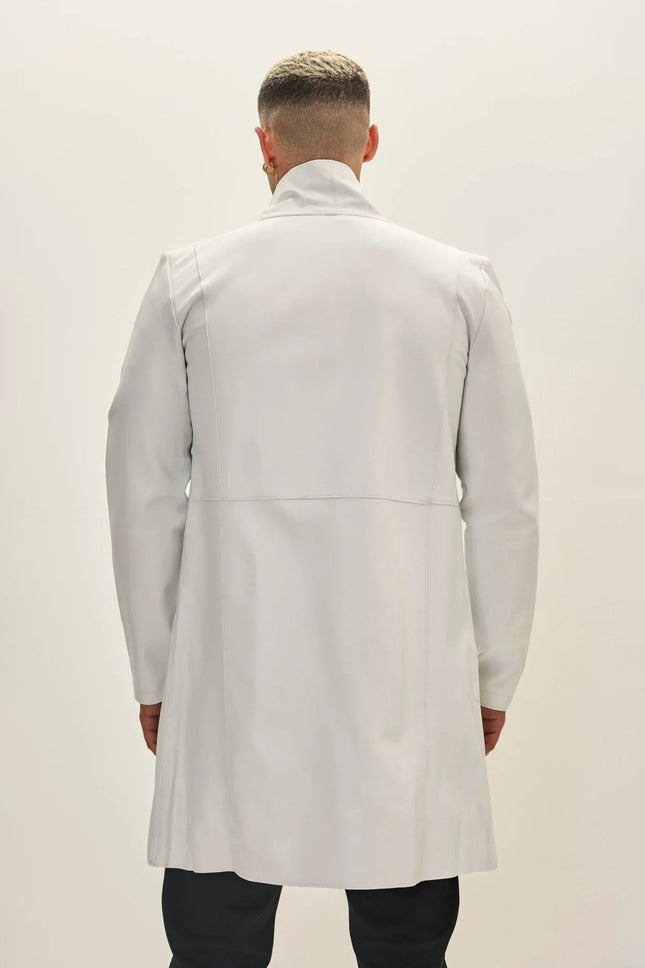 Men's Asymmetric Leather Trench Coat - White Black | Ron Tomson