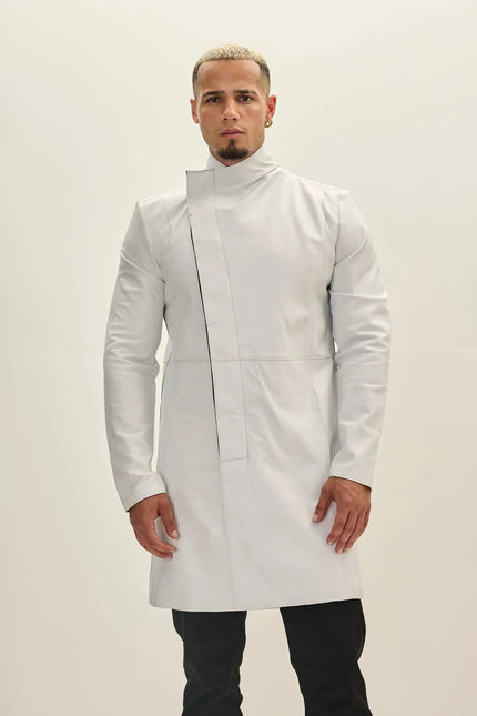 Men's Asymmetric Leather Trench Coat - White Black | Ron Tomson