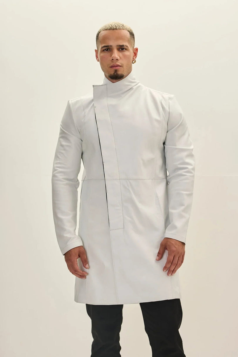Men's Asymmetric Leather Trench Coat - White Black | Ron Tomson