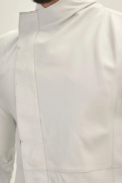 Men's Asymmetric Leather Trench Coat - White Black | Ron Tomson