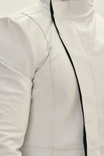Men's Asymmetric Leather Trench Coat - White Black | Ron Tomson