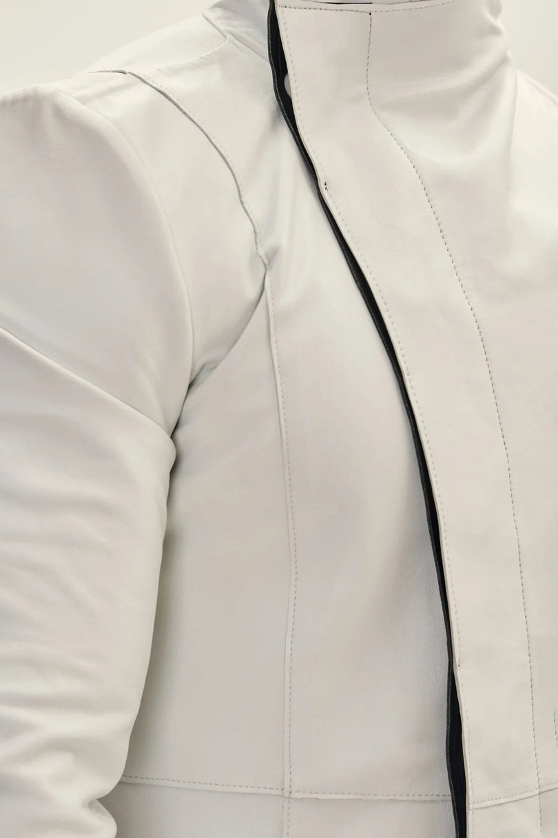 Men's Asymmetric Leather Trench Coat - White Black | Ron Tomson