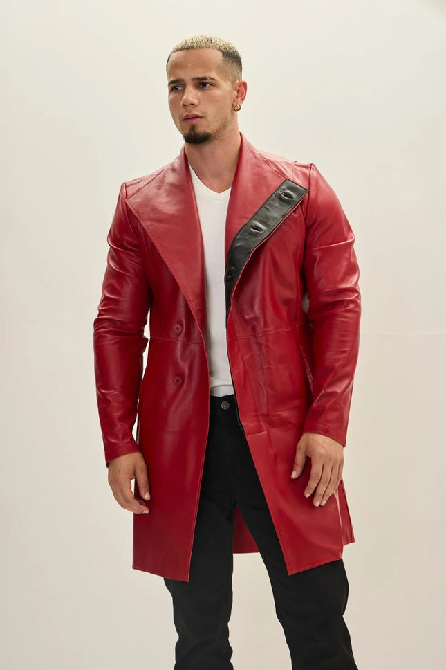 Men's Asymmetric Lambskin Trench Coat - Red Black | Ron Tomson