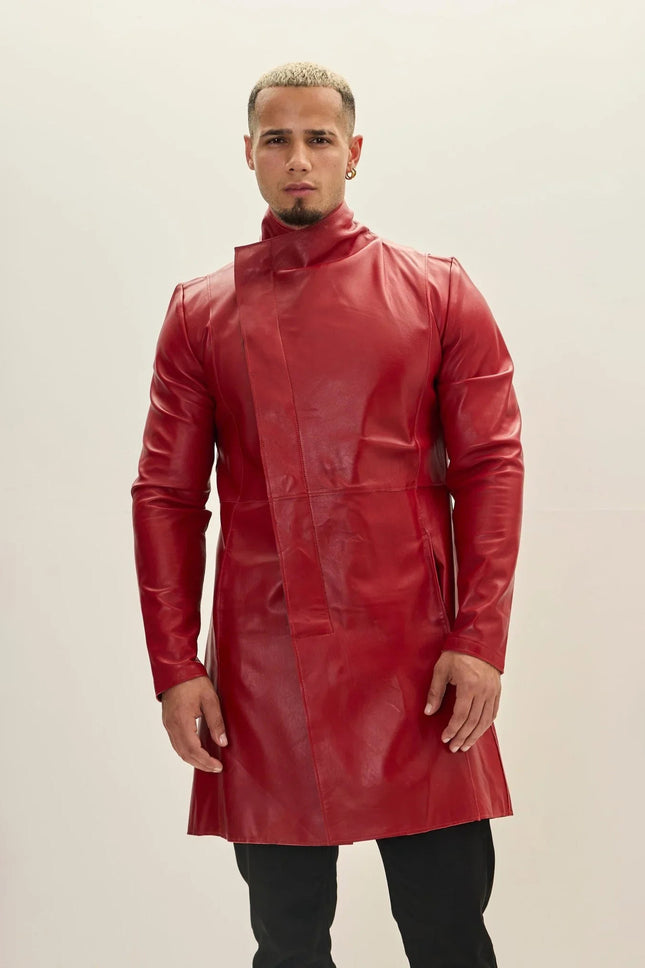 Men's Asymmetric Lambskin Trench Coat - Red Black | Ron Tomson