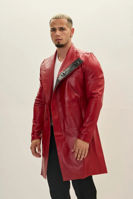 Men's Asymmetric Lambskin Trench Coat - Red Black | Ron Tomson