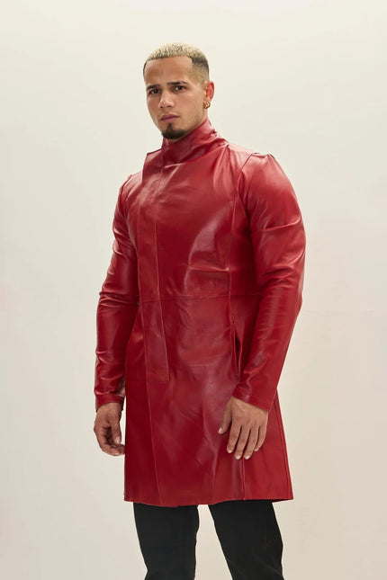 Men's Asymmetric Lambskin Trench Coat - Red Black | Ron Tomson