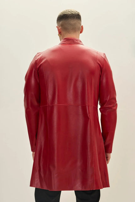 Men's Asymmetric Lambskin Trench Coat - Red Black | Ron Tomson