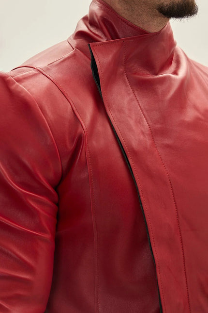 Men's Asymmetric Lambskin Trench Coat - Red Black | Ron Tomson