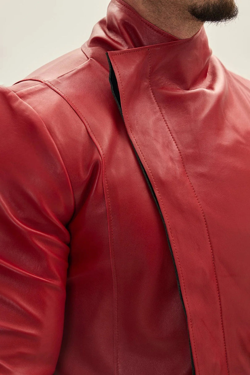 Men's Asymmetric Lambskin Trench Coat - Red Black | Ron Tomson