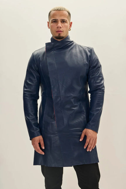 Men's Double-Breasted Leather Peacoat - Navy Red | Ron Tomson