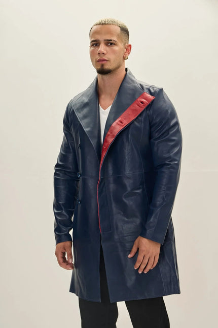 Men's Double-Breasted Leather Peacoat - Navy Red | Ron Tomson