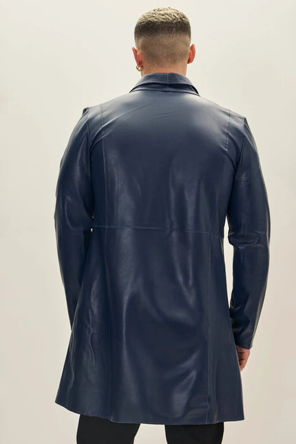 Men's Double-Breasted Leather Peacoat - Navy Red | Ron Tomson
