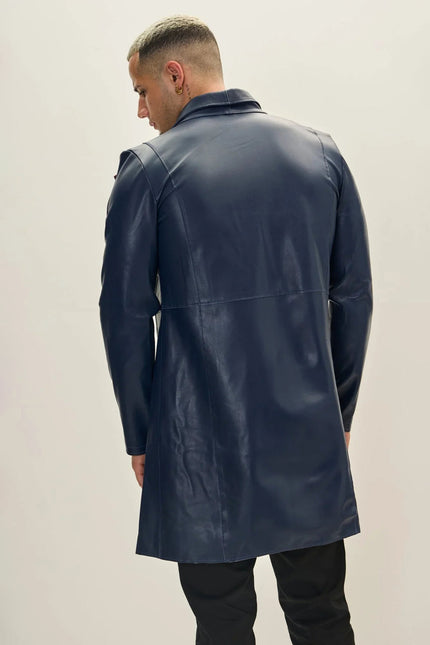 Men's Double-Breasted Leather Peacoat - Navy Red | Ron Tomson