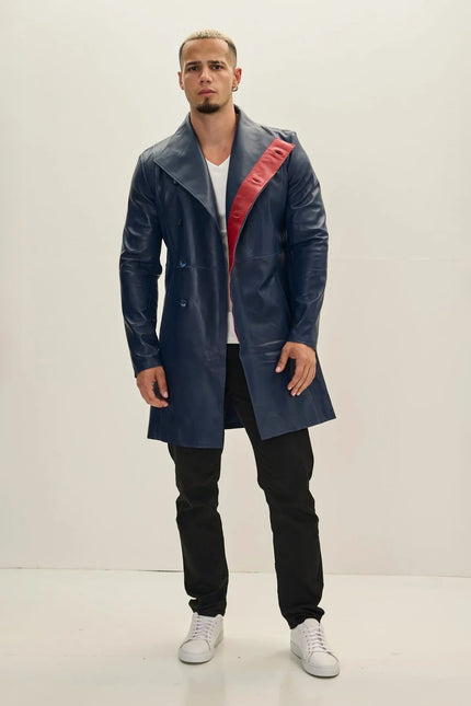 Men's Double-Breasted Leather Peacoat - Navy Red | Ron Tomson