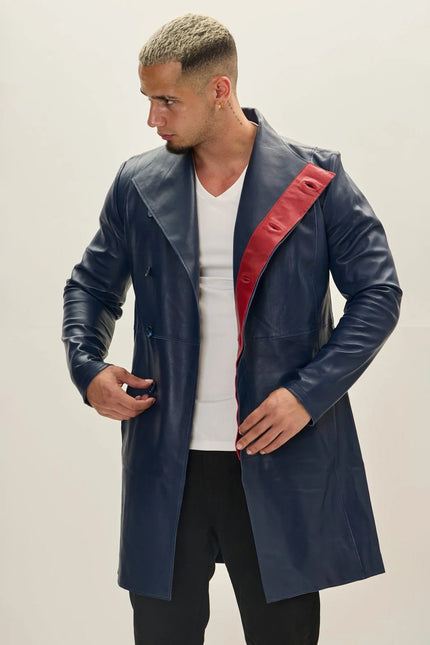 Men's Double-Breasted Leather Peacoat - Navy Red | Ron Tomson