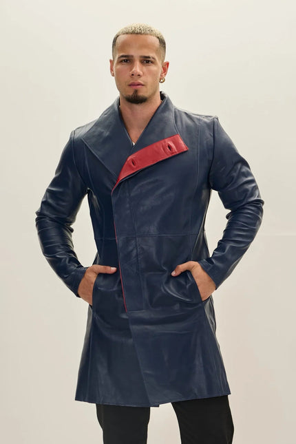 Men's Double-Breasted Leather Peacoat - Navy Red | Ron Tomson