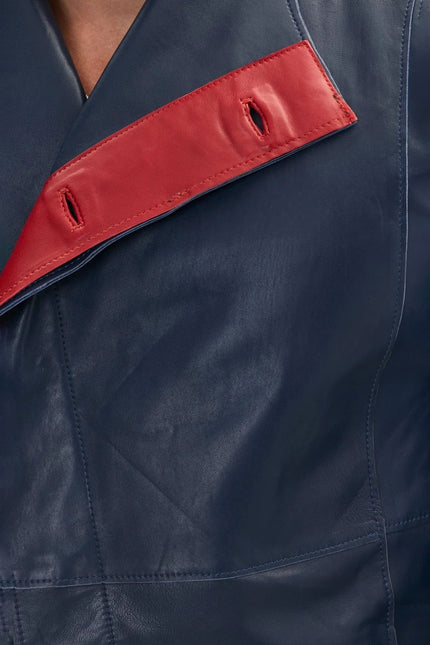 Men's Double-Breasted Leather Peacoat - Navy Red | Ron Tomson