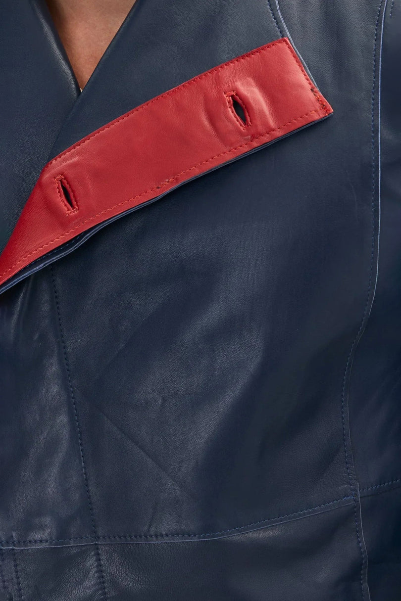 Men's Double-Breasted Leather Peacoat - Navy Red | Ron Tomson