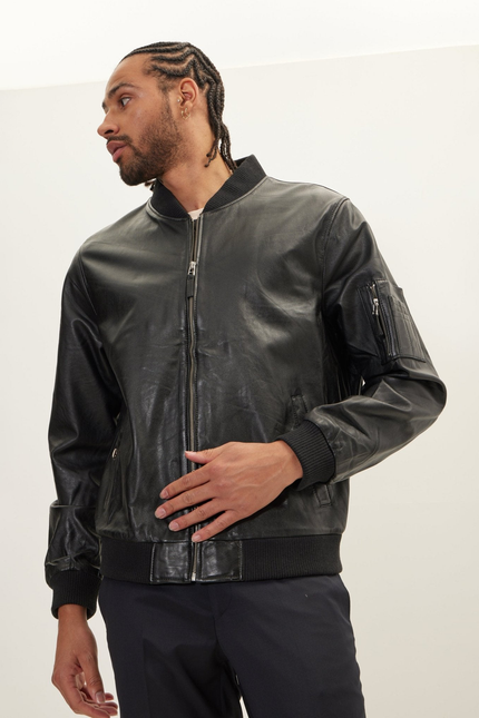 Men's Nappa Lambskin Bomber Jacket - Black | Ron Tomson