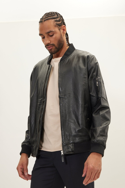 Men's Nappa Lambskin Bomber Jacket - Black | Ron Tomson