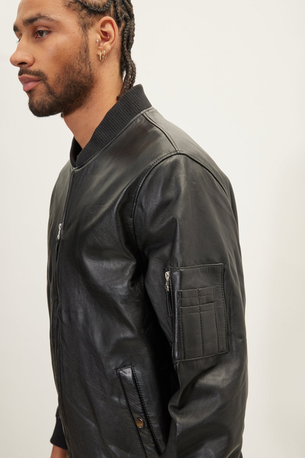 Men's Nappa Lambskin Bomber Jacket - Black | Ron Tomson