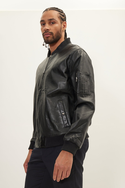 Men's Nappa Lambskin Bomber Jacket - Black | Ron Tomson