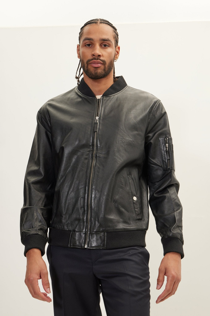 Men's Nappa Lambskin Bomber Jacket - Black | Ron Tomson