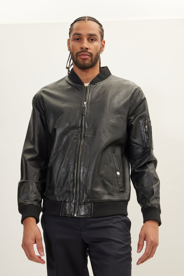 Men's Nappa Lambskin Bomber Jacket - Black | Ron Tomson