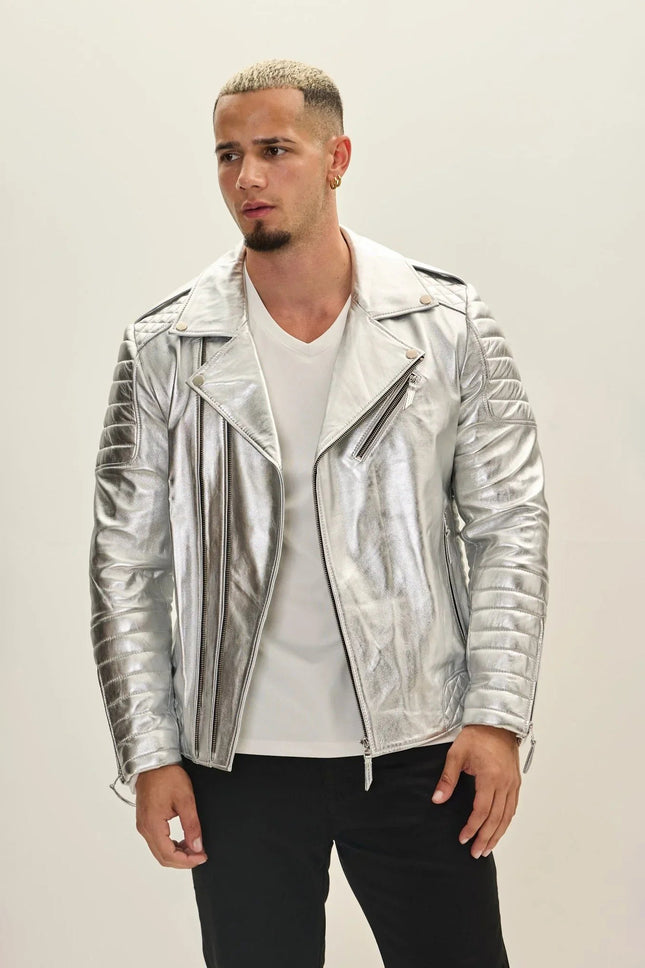 Men's Quilted Leather Moto Jacket - Silver | Ron Tomson