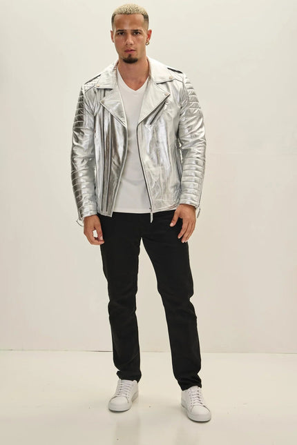 Men's Quilted Leather Moto Jacket - Silver | Ron Tomson