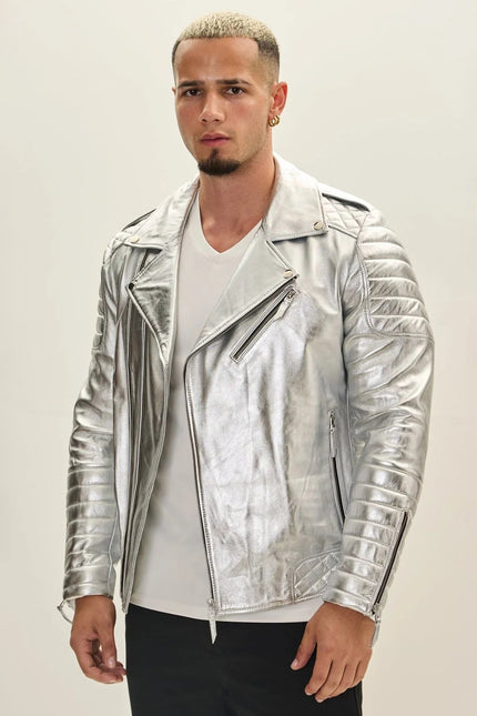 Men's Quilted Leather Moto Jacket - Silver | Ron Tomson