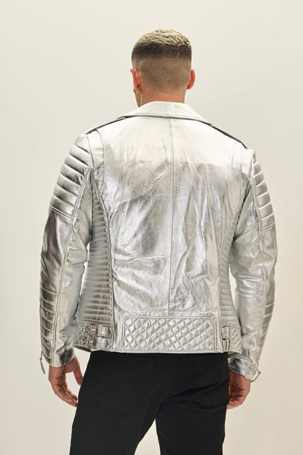 Men's Quilted Leather Moto Jacket - Silver | Ron Tomson