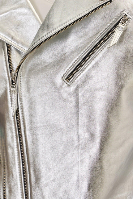 Men's Quilted Leather Moto Jacket - Silver | Ron Tomson