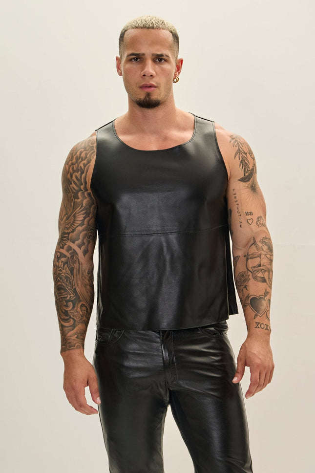 Men's Lambskin Leather Tank Top - Black | Ron Tomson