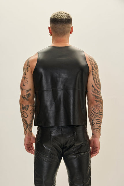 Men's Lambskin Leather Tank Top - Black | Ron Tomson