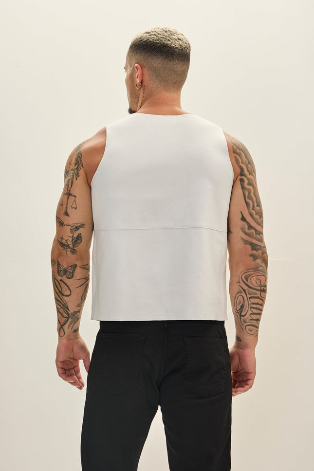 Men's Crew-Neck Lambskin Tank Top - White | Ron Tomson