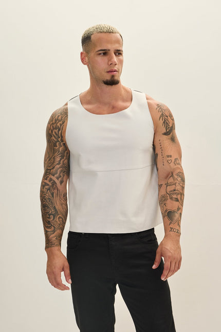 Men's Crew-Neck Lambskin Tank Top - White | Ron Tomson