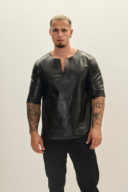 Men's Lambskin Leather Three-Quarter-Sleeve Shirt - Black | Ron Tomson